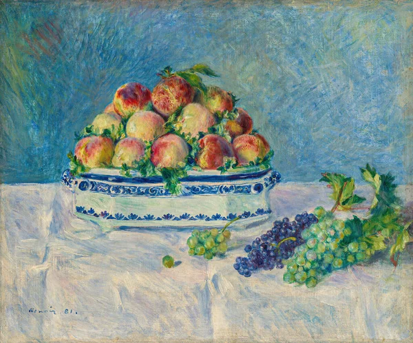 Still Life Peaches Grapes Oil Painting Canvas 1881 French Painter — Fotografia de Stock
