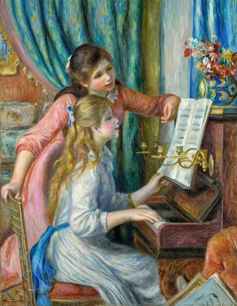 Two Young Girls Piano Oil Painting Fabric 1892 French Painter — Stock Photo, Image