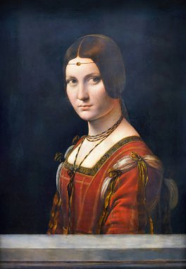Güzel Ferronniere 1490, Leonardo da Vinci 'nin resmi (1452-1519). Milan Sarayı 'ndan bir kadının portresi, c. 1490-95.. 