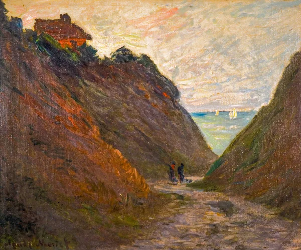 ヴァランヴィルの崖のサンケン道路 Sunken Road Cliff 1882年にフランス人画家クロード 1840年 1926年 が描いた油彩画である — ストック写真