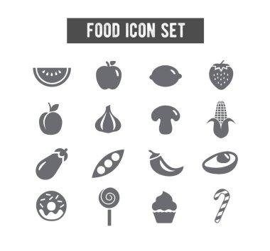 Düz Gıda, Meyve ve Som Gri Simge Set simgeleri beyaz arkaplanda gri çizgiler çiziyor