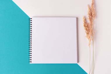 Boş sayfaları olan açık bir defterin üst görünümü