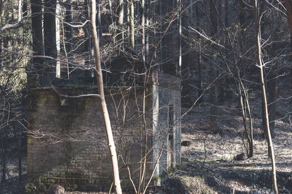 Das Verkohlte Gebäude Steht Mitten Wald Ist Aus Ziegeln Gebaut — Stockfoto