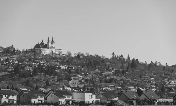 Small Town Gentle Slope Chateau Top Hill Photo Black White — Stock Photo, Image