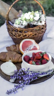 Yaz - çayırda piknik. Peynirli peynir, baget, çilek, greyfurt, kruvasan ve sepet.