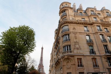 Arka planda Eyfel kulesi olan tipik balkon ve pencereli geleneksel Fransız evinin ön cephesi. Paris mi? Fransa.