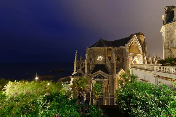 Night View Church Saint Eugenie Biarritz France Built Romanesque Byzantine — Stock Photo, Image