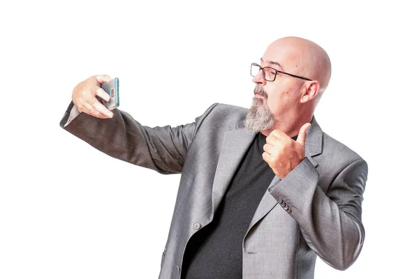 Hombre Atractivo Calvo Con Traje Gris Negocios Haciendo Posturas Asombro — Foto Stock