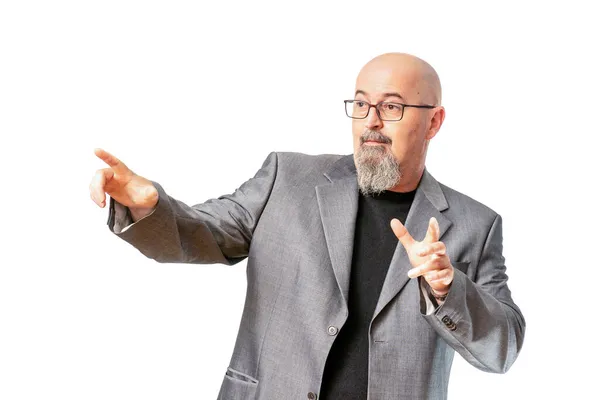 Hombre Atractivo Calvo Con Traje Gris Negocios Haciendo Posturas Asombro — Stockfoto