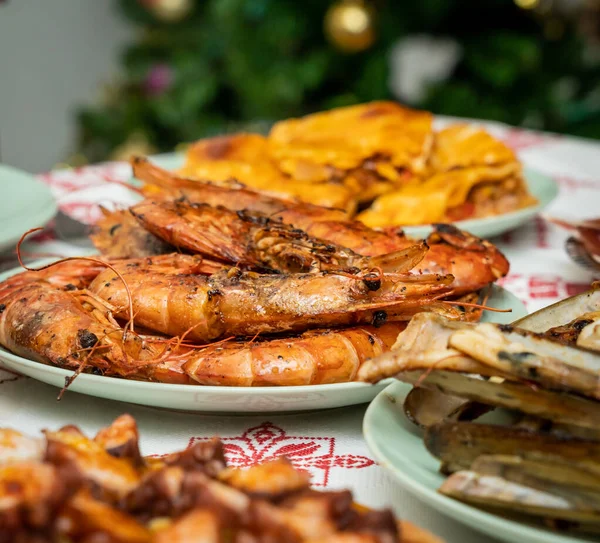 Plates Food Large Celebrations Birthdays Anniversaries Christmas Dinners Seafood Sausages — Stock Photo, Image