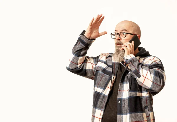 Bald Middle Aged Man Goatee Talking Cellphone Checkered Cloth Jacket — Stock Photo, Image