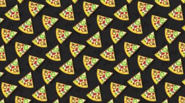 Pizza, siyah arka planda bir dilim pizza. Döngülü düz canlandırma.