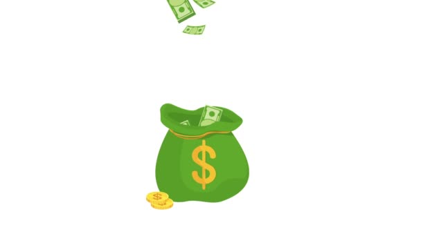Peníze padají do zeleného pytle. Symbol bohatství — Stock video