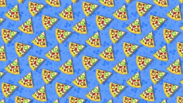Pizza, pedaços de pizza num fundo azul. Animação plana em loop. — Vídeo de Stock