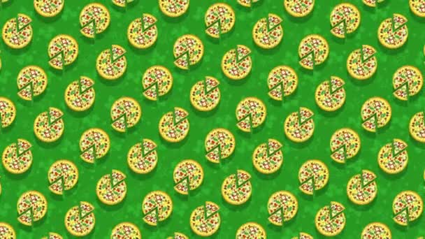 Pizza, trozos de pizza sobre un fondo verde. Animación plana con bucles. — Vídeos de Stock
