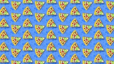 Pizza, mavi arka planda bir dilim pizza. Döngülü düz canlandırma.