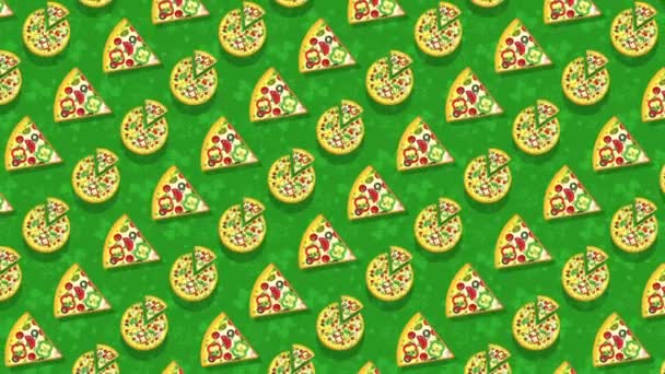 Pizza, trozos de pizza sobre un fondo verde. Animación plana con bucles. — Vídeo de stock