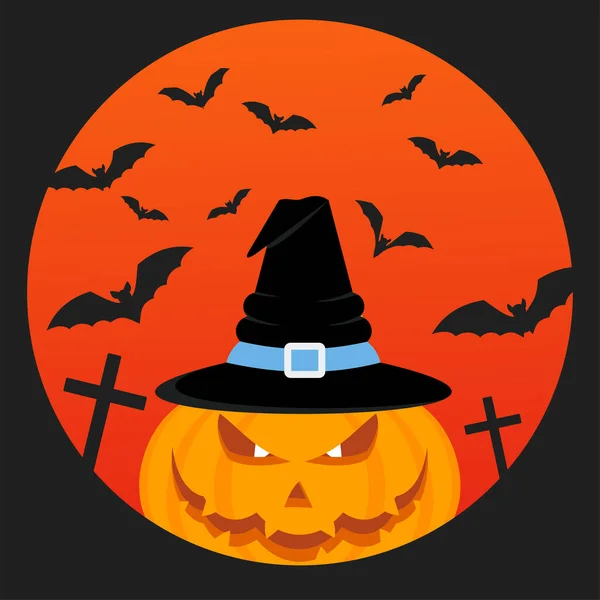 Narancs tök boszorkánykalapban. Halloween karakter. — Stock Vector