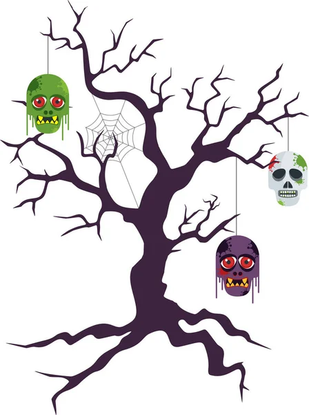 Teste di zombie pendono da un albero secco nodoso. — Vettoriale Stock