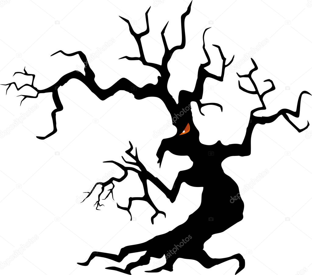 Black silhouette of a gnarled dry tree on a white background.