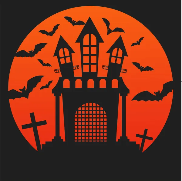 Silhouette nera di un castello di vampiri contro un minaccioso cielo arancione — Vettoriale Stock