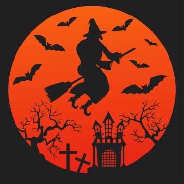 Süpürgedeki bir cadının siyah silueti. Cadılar Bayramı gecesi