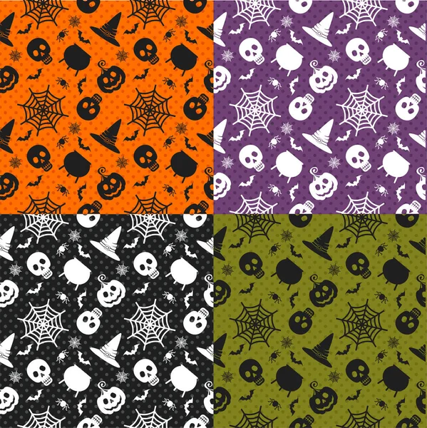 Ensemble de motifs sans couture Halloween. Fond couleur avec icônes — Image vectorielle