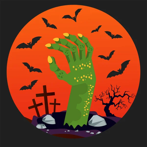 Yeşil bir zombi eli mezarlıkta yerden fırlıyor. — Stok Vektör