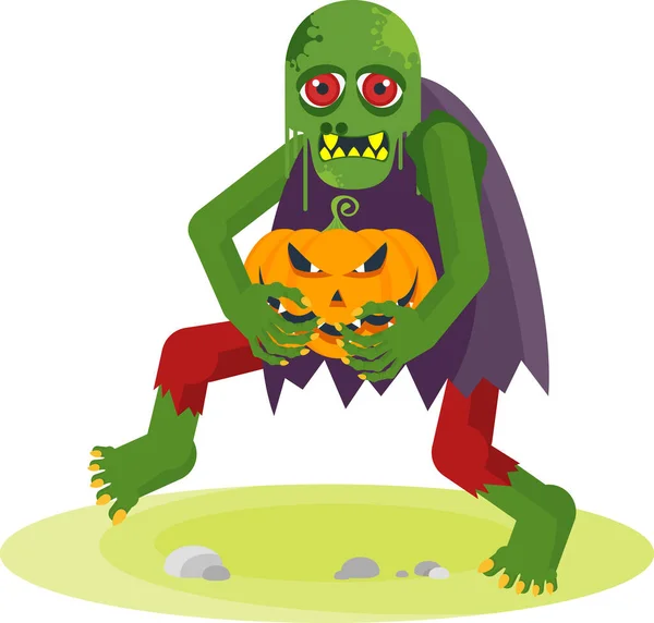 Zombie vert avec des yeux rouges tenir citrouille. — Image vectorielle