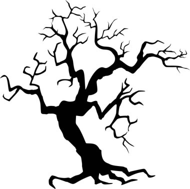 Beyaz arka planda buruşuk kuru bir ağacın siyah silueti..