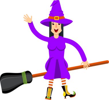 Süpürgesi olan genç ve güzel bir cadı. Flan vektör illüstrasyonu.