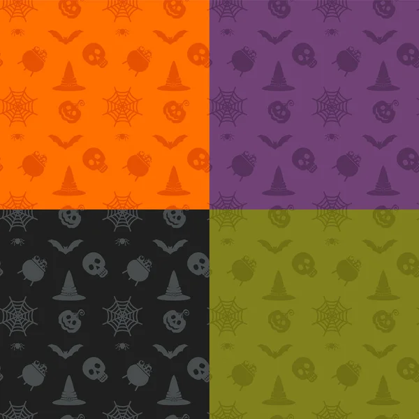 Conjunto de patrones sin costura de Halloween. Fondo de color con iconos — Archivo Imágenes Vectoriales