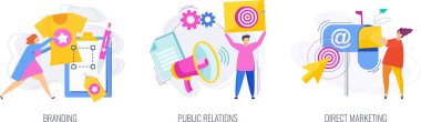Markalaşma, halkla ilişkiler ve insanlarla doğrudan pazarlama simgeleri.