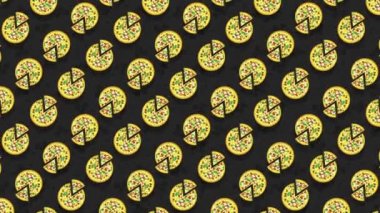Pizza, siyah arka planda bir dilim pizza. Döngülü düz canlandırma.