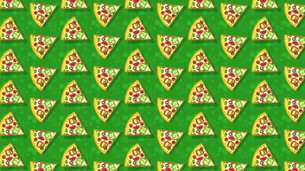 Pizza, trozos de pizza sobre un fondo verde. Animación plana con bucles. — Vídeos de Stock