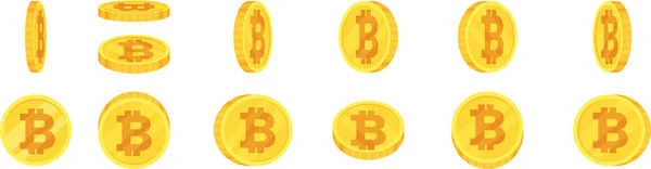 Rotující Sada Zlatých Bitcoinů Kreslené Peníze Zlatá Krypto Hotovost Plochá — Stockový vektor
