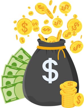 Sarı ipli ve dolar işaretli siyah para çantası. Bir çanta para ve bir tomar kağıt banknot. Para çantası düz çizgi film çizimi.