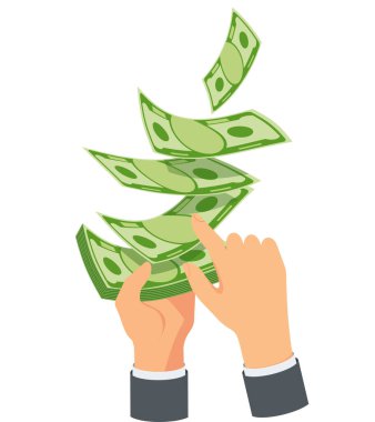 Eller kağıt banknotları dağıtır. Parayı çöpe at. Dağınık para. Bir müsrif ve bir bakıcı. Para suyunu çekti. Bahsi kazanmak, piyango bahsi, online kumarhane..
