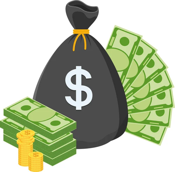 Μαύρη Τσάντα Μετρητών Χρήματα Κίτρινο Κορδόνι Και Σύμβολο Δολαρίου Μια — Διανυσματικό Αρχείο