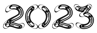 Syliated metal krom sıvı numarası 2023. 2023 mutlu yıllar tebrik kartı. Noel kutlaması. Typography minimal mod poster, afiş veya logo metin tasarımı.