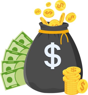 Sarı ipli ve dolar işaretli siyah para çantası. Bir çanta para ve bir tomar kağıt banknot. Para çantası düz çizgi film çizimi.