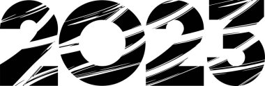 2023 sayı dizaynını değiştirdi. Dilimlenmiş kalıp Modern Tipografi. 2023 takvim başlığı. Mutlu yıllar tebrik kartı. Noel kutlaması. Typography minimal mod poster, afiş veya logo metin tasarımı.