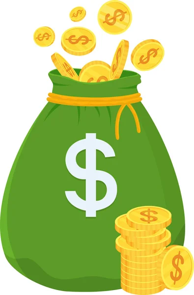 Винтажный Зеленый Мешок Деньгами Стопки Золотых Монет Лежат Вокруг Символ — стоковый вектор