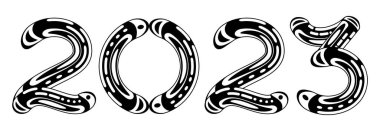 Syliated metal krom sıvı numarası 2023. 2023 mutlu yıllar tebrik kartı. Noel kutlaması. Typography minimal mod poster, afiş veya logo metin tasarımı.
