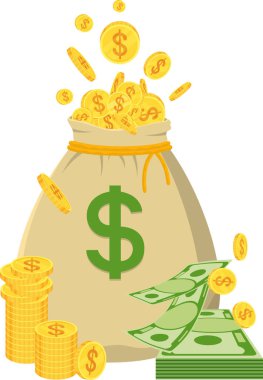 Vintage money bag and a pile of paper bills lie around it. Stacks of gold coins, packs of banknotes. Symbol of success. Wealth by winning a bet, casino or lottery. Flat vector illustration.