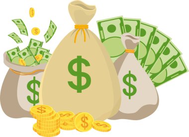 Vintage money bag and a pile of paper bills lie around it. Stacks of gold coins, packs of banknotes. Symbol of success. Wealth by winning a bet, casino or lottery. Flat vector illustration.