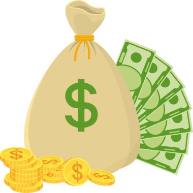 Vintage money bag and a pile of paper bills lie around it. Stacks of gold coins, packs of banknotes. Symbol of success. Wealth by winning a bet, casino or lottery. Flat vector illustration.