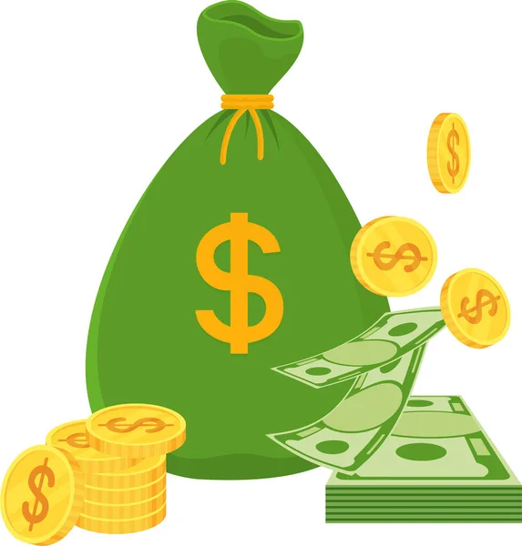 Vintage Green Money Bag Pile Paper Bills Lie Stacks Gold — Wektor stockowy