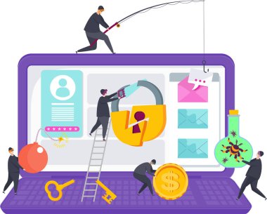 Bilgisayar korsanları bir dizüstü bilgisayarı hackliyor. Siber saldırı ve bilgisayar dolandırıcılığı. Siber suçlu. Düz vektör illüstrasyonu.