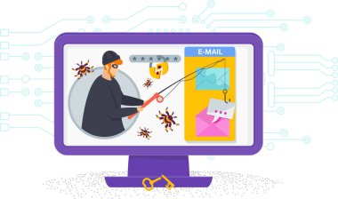 Hacker saldırısı. Balık tutmaya. E-posta hackleme. Bilgisayar dolandırıcılığı. Siber suçlu. Düz vektör illüstrasyonu.